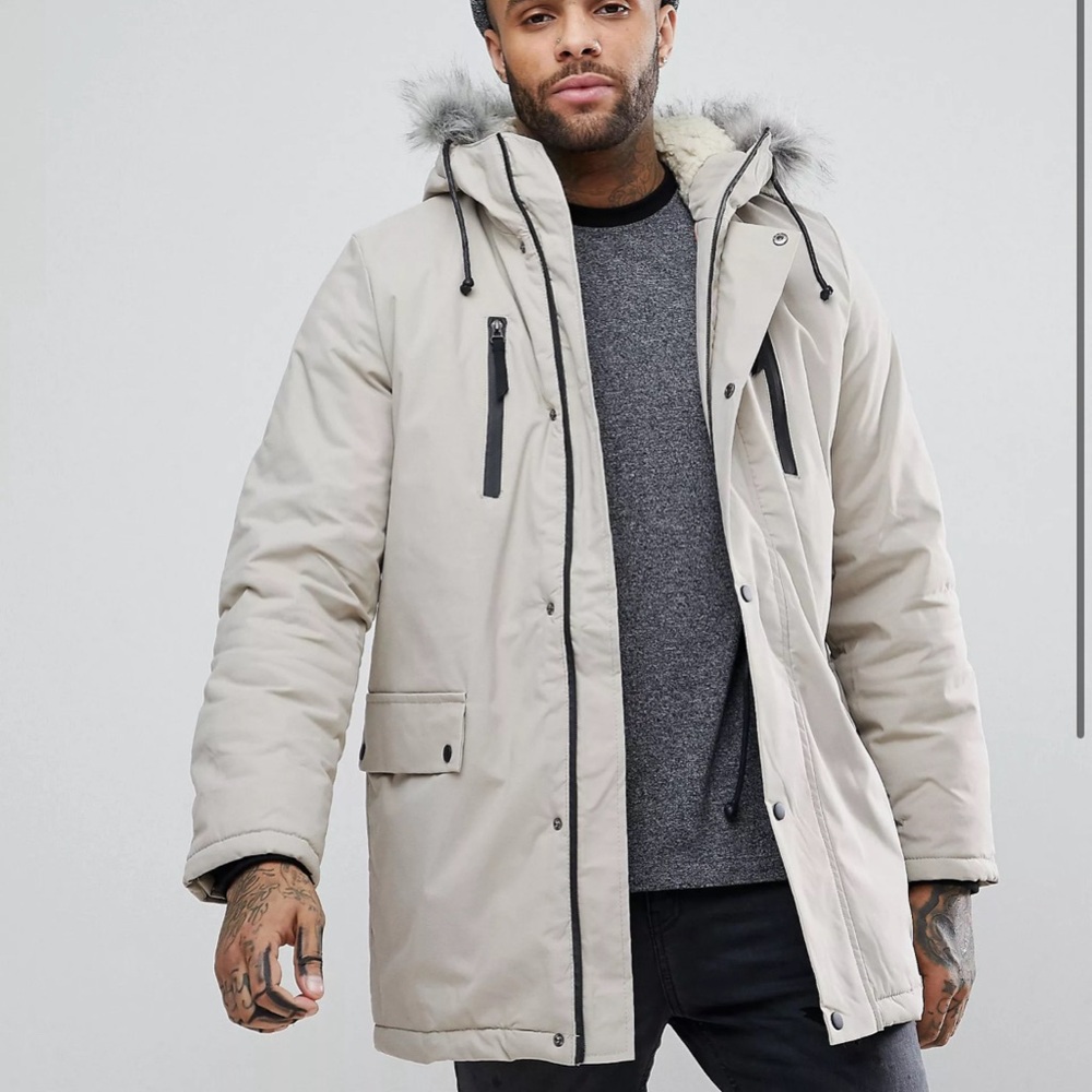 New Look Men’s Stone Parka with Faux Fur Hood (Size MED)
